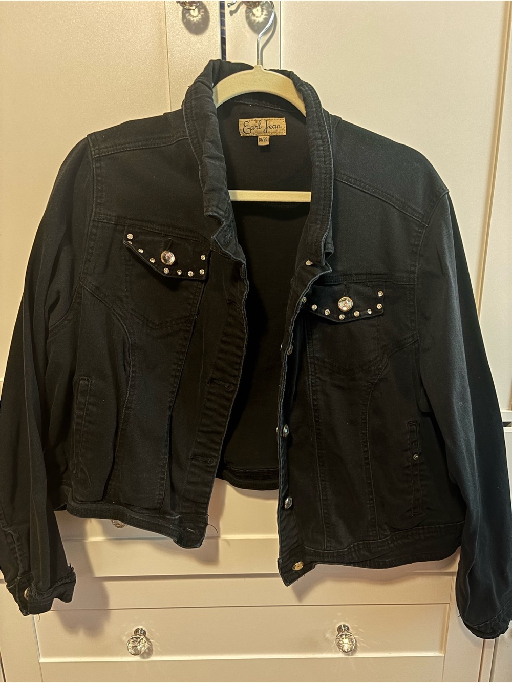 Earl Jeans Black Denim Jacket with Stud and Rhinestone Accents
